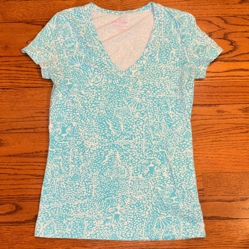 Light Blue Patterned V-Neck Women's Top